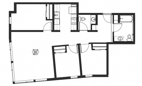 Floor plan for 3 beds, 1.5 baths, 970 sqft